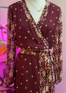 Burgundy Patterned Wrap Dress