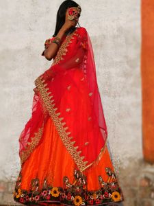 Orange Lehanga With Kathiyawadi Lace