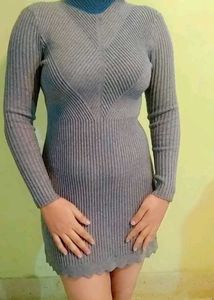 Gray Ribbed Knit Mini Dress