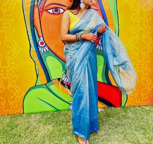 Elegant Blue Organza Saree without blouse