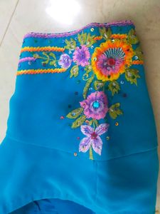 Cyan Blue Embroidered Saree+ Blouse