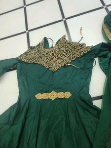 Luxurious Silk Dark Green Gown With Golden Stone