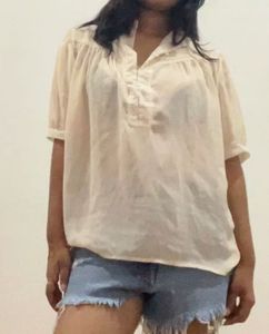 Myntra LaAimee Cream Sheer Mandarin Collar Top