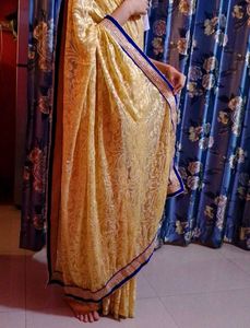 Stylish Blue &amp; Golden Saree And Blouse