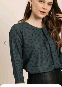 Teal Leaf Print Long Sleeve Top