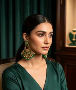 Traditional Green Kundan Chandbali Earrings