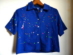 Funky Blue Paint Splatter Shirt Size S/M