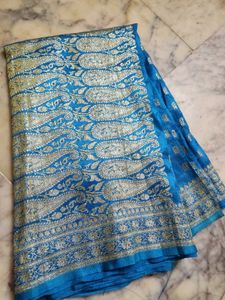 blue kataan saree with silver zari work