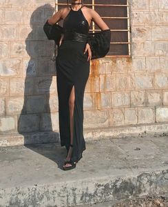 Elegant Black Halter Slit Gown