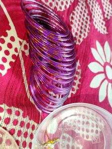 Combo Of pearl Earrings+ Purple Embellished Bangle