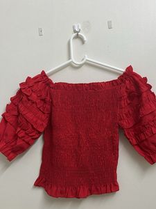 Red Ruffle Bardot Top