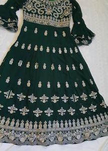 Green Long Frock Gown Type White Work