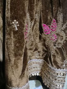 Elegant Brown Embroidered velvet Kurta Set