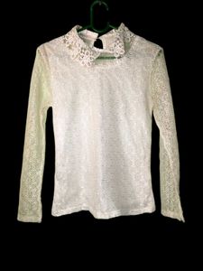 White Pearl Collar Full-Sleeve Top- simple & class