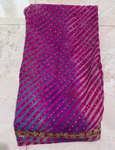 Pink–Purple Leheriya Saree with Golden Border