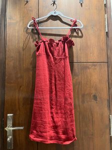 Koovs Red Ribbed Bodycon Dress with Ruffle Neck –
