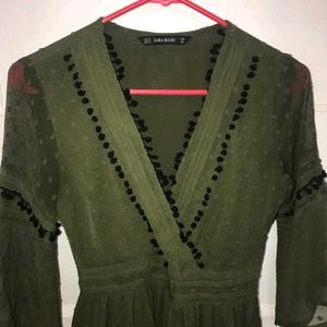 Zara Olive Green Sheer Mini Dress