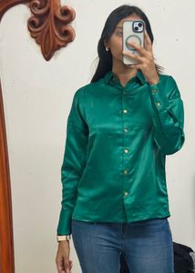 Emerald Green Satin Button-Down Shirt
