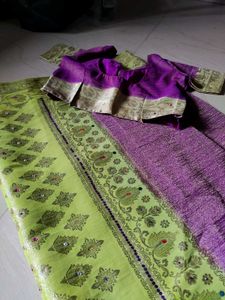 Purple Green Embellished Saree &amp; Blouse Set