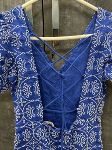 Mango Blue Embroidered Dress