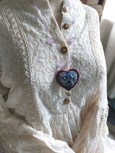 Hand Embroidered Floral Heart Pendant Necklace