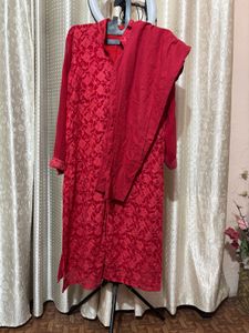 Red Chickankari Suit Set.