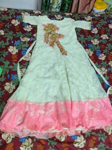 New White And Pink Long Ethnic Gown