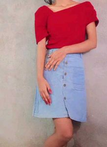 Cute maroon top and blue denim skirt set