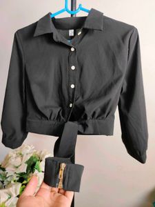 Black Tie-Front Blouse