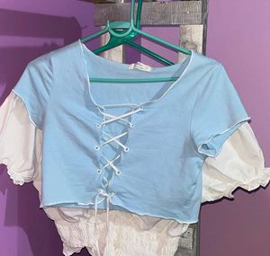 Light blue short Sleeved crop top (lace-up Front)