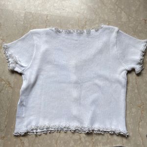 Ribbed Lace Trim Button-Up Top