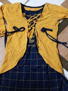 Blue Plaid Dress with Mustard Cardigan