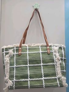 Green Woven Tote Bag with Tassels