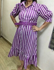 Ankel Length Puff Sleeves Dress With Belt