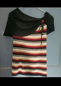 Striped Knit Dress with Black Shawl