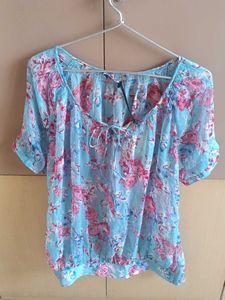 Blue Floral Lace-up Top