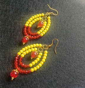 Vibrant Yellow &amp; Red Beaded Dangle Earrings