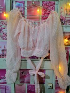 Pink Sheer Crop Top With Waist Ribbon