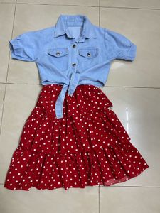 Polka Dots Frock With Tied Denim Jacket(7-8)