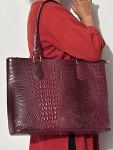 Burgundy Faux Croc Tote Bag