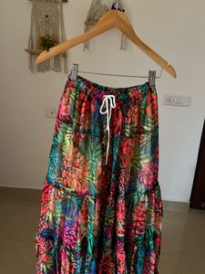 Leafy Print Tiered Chiffon Long Skirt