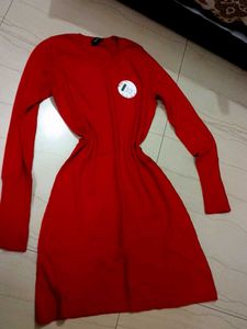 Classic Red Ribbed-Cuff Sweater Dress