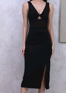 Deep V Neck Twisted Front Midi Split Thigh Dress