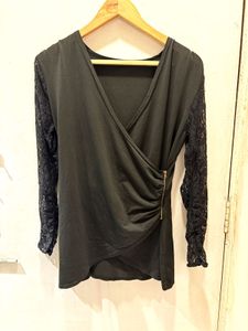 Black Wrap Top with Lace Sleeves