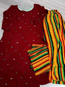 Maroon Kurta with Striped Palazzos And Duptta