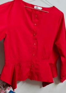 Red Peplum Button-Down Top