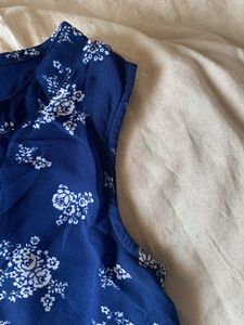 Navy Blue Flower Printed Mini Flare Dress
