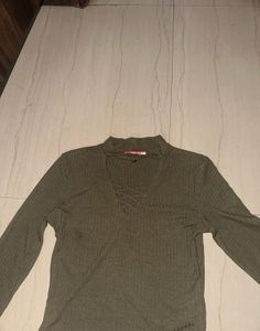 Modest Olive Green Ribbed Long Sleeve Top