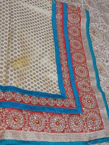 Embroidered Sari with Blue Marron Accents