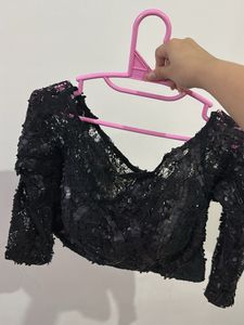 Sequin Embellished Black Crop Off shoulder Top
